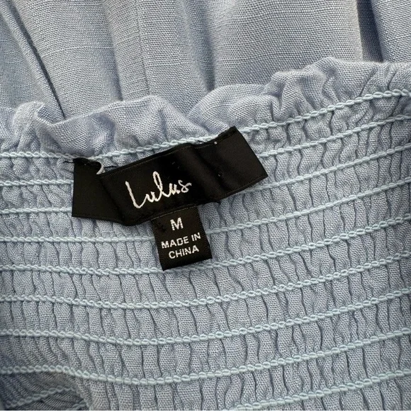 Lulus Smocked Midi Dress size Medium Light Blue Tie Shoulder Lined - Picture 7 of 9